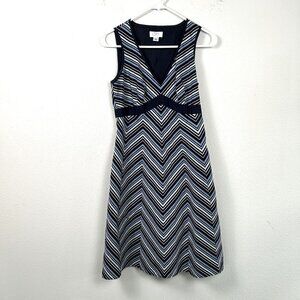 Ann Taylor Loft  Dress Petite 4 4P Blue Striped Sleeveless V Neck Knee Length